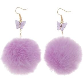 Pom Pom Earrings Butterfly Pom Pom Pendant Earrings Faux Fur Ball Fluffy Winter Earrings Pink Pom Earrings for Women Teen Girls