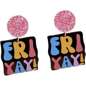 4 Pairs Funny Fri Yay Letter Earrings Set Glitter Friday Acrylic Dangle Drop Earrings for Women Graduation Back To School Jewelry Teacher Appreciation Gifts