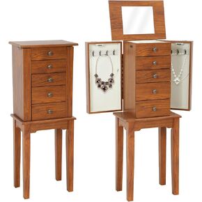خزانة المجوهرات الدائمة ذات 5 أدراج وبابين جانبيين و8 خطافات للقلادة وخزانة تخزين خشبية مع منظم تخزين علوي ومرآة قلابة (بني) in Kuwait