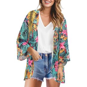 Womens Kimono Cover Ups for Beach Floral Short Sleeve Loose Summer Cardigan
