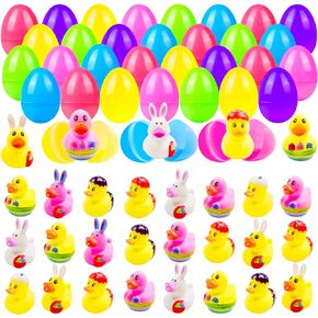 30 Pcs Prefilled Easter Eggs with Bunny Duckies,Bright Colorful Easter Eggs Prefilled with Variety Duckies for Fun Bath Bunny Duckies, Easter Basket Stuffers and Bathtub Toys Party Favors