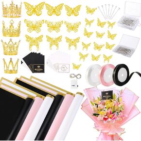 166pcs Flower Bouquet Accessories Flower Bouquet Wrapping Paper Ribbons Gold Crowns Butterfly Decorations Flower Pins for Florist Wrap Mother's Day Valentine's Day Birthday DIY Present