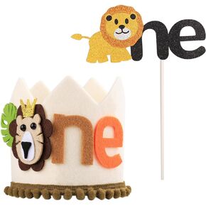 Lion Birthday Crown with Lion Cake Topper Insert, Adjustable 1st Birthday Hat Cute Wild Jungle Birthday Crown Animal Lion Birthday Party Favors Decorations for Boys Girls
