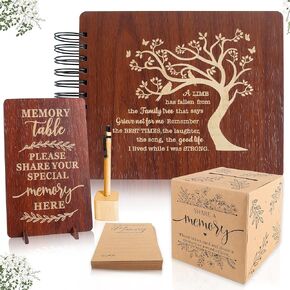 Funeral Guest Book Set Wooden Guest Books for Memorial Service Celebration of Life in Loving Memory with 50pcs Share a Memory Card Cards Box Table Sign and Pen (Brown- Guest Book Set #2)