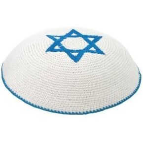 Knitted White & Light Blue Star Of David Yarmulke Kippah 16 cm Diameter