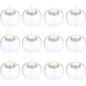 Sziqiqi Classic Clear Glass Tea Light Candle Holders Bulk Fit for Tiny Bud Vases for Home Decoration, Wedding Candle Centerpieces DIY Crafting (Pack of 12)