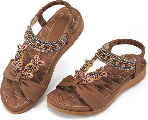 Aomigoct Sandals Women Dressy Summer Flat: Casual Open Toe Womens Flat Sandals Elastic Ankle Strap Bohemian Beach Flat Shoes for Women in Saudi Arabia