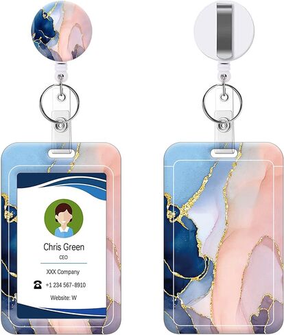 Badge Holder Retractable Badge Reel with Belt Clip, Vertical ID Name Card Badge Holder Case, Nurse Doctor Office School Teacher Name Credit Card Pocket(1P Pretty Marble) in Kuwait