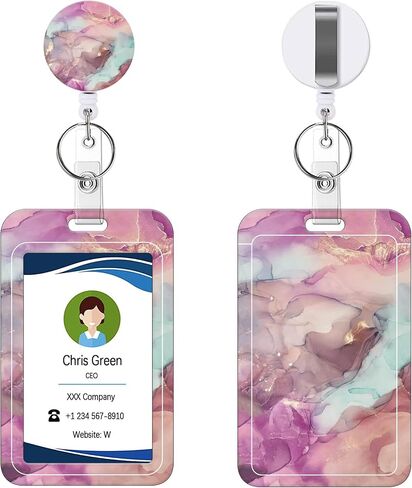 Badge Holder Retractable Badge Reel with Belt Clip, Vertical ID Name Card Badge Holder Case, Nurse Doctor Office School Teacher Name Credit Card Pocket(1P Pretty Marble) in Saudi Arabia
