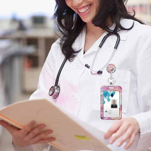 Badge Holder Retractable Badge Reel with Belt Clip, Vertical ID Name Card Badge Holder Case, Nurse Doctor Office School Teacher Name Credit Card Pocket(1P Pretty Marble) in Saudi Arabia