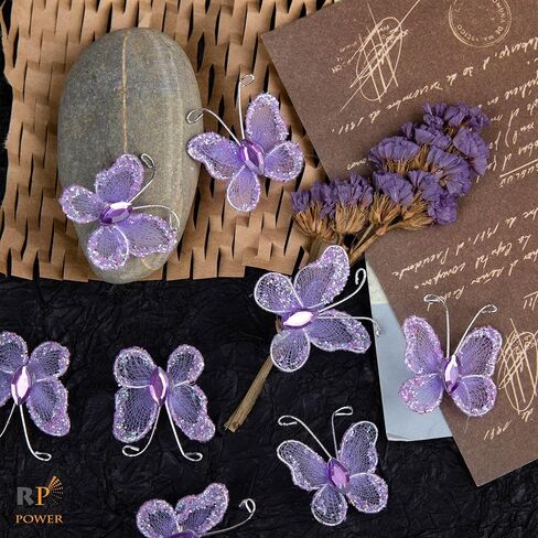 RP Remarkable Power, 50 Pack Purple Pink Sheer Mesh Wire Glitter Butterfly Organza Butterflies with Gem for Wedding Home Party Decoration in Saudi Arabia