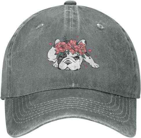 French Bulldog Dog Flower Distressed Adjustable Washed Denim Mens Dad Trucker Hat Baseball Ball Cap for Men in Kuwait