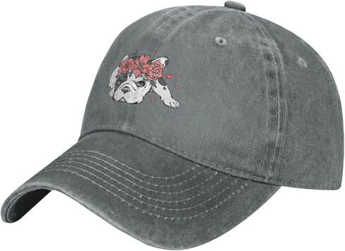 French Bulldog Dog Flower Distressed Adjustable Washed Denim Mens Dad Trucker Hat Baseball Ball Cap for Men in Kuwait