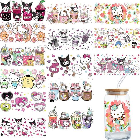 UV DTF Cup Wrap Transfer Stickers for Glass, 14 Sheet Cartoon Rub on Transfers for Crafting, UV DTF Transfer Waterproof Sticker for 16OZ Libbey Glass Cups Furniture Craft Wood DIY Crafts (Cute-B) in Saudi Arabia