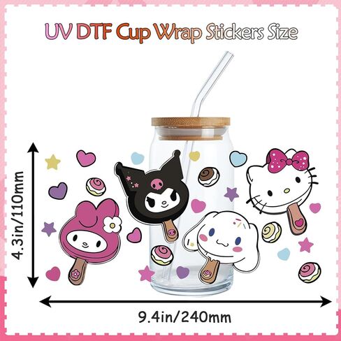 UV DTF Cup Wrap Transfer Stickers for Glass, 14 Sheet Cartoon Rub on Transfers for Crafting, UV DTF Transfer Waterproof Sticker for 16OZ Libbey Glass Cups Furniture Craft Wood DIY Crafts (Cute-B) in Saudi Arabia