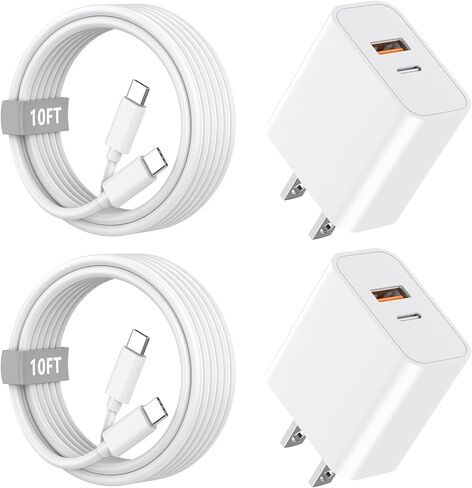 iPhone 15 Pro Max Fast Charger, 2 Pack Dual Port PD+QC3.0 Wall Charger Fast Charging with 10FT Long USB C Charging Cord Compatible for iPhone 15/15 Plus/15 Pro/15 Pro Max, iPad Pro/Air/Mini in Kuwait