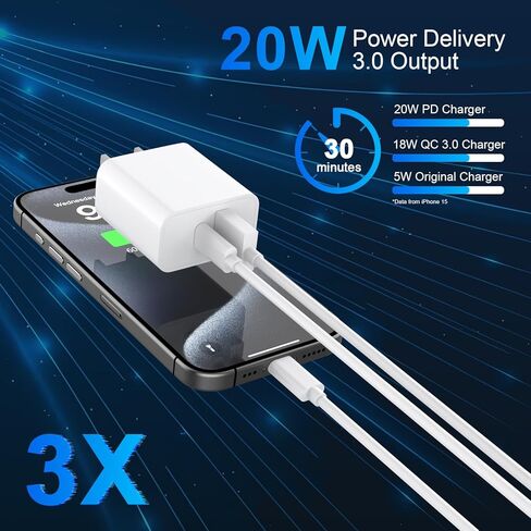 iPhone 15 Pro Max Fast Charger, 2 Pack Dual Port PD+QC3.0 Wall Charger Fast Charging with 10FT Long USB C Charging Cord Compatible for iPhone 15/15 Plus/15 Pro/15 Pro Max, iPad Pro/Air/Mini in Kuwait
