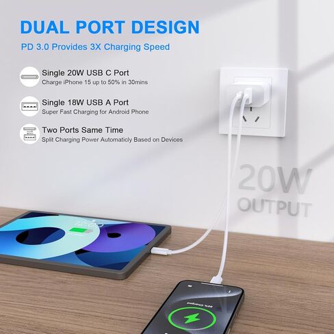 iPhone 15 Pro Max Fast Charger, 2 Pack Dual Port PD+QC3.0 Wall Charger Fast Charging with 10FT Long USB C Charging Cord Compatible for iPhone 15/15 Plus/15 Pro/15 Pro Max, iPad Pro/Air/Mini in Kuwait