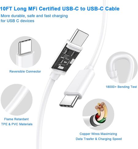 iPhone 15 Pro Max Fast Charger, 2 Pack Dual Port PD+QC3.0 Wall Charger Fast Charging with 10FT Long USB C Charging Cord Compatible for iPhone 15/15 Plus/15 Pro/15 Pro Max, iPad Pro/Air/Mini in Kuwait