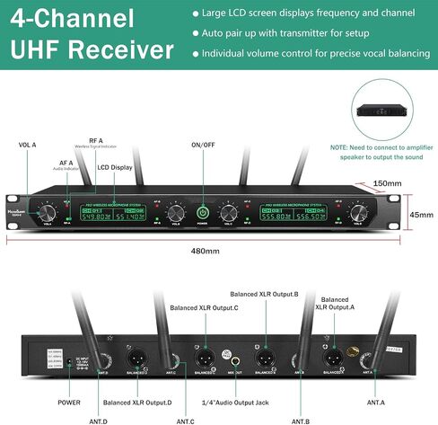Wireless Microphone System, 4-Channel UHF Professional Mic, Automatically Pair Metal Cordless Mic with 4 Metal Handheld Microphones, 400ft Range, for Singing, Karaoke, Party in Saudi Arabia