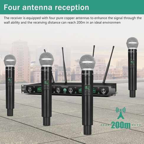 Wireless Microphone System, 4-Channel UHF Professional Mic, Automatically Pair Metal Cordless Mic with 4 Metal Handheld Microphones, 400ft Range, for Singing, Karaoke, Party in Saudi Arabia
