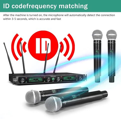 Wireless Microphone System, 4-Channel UHF Professional Mic, Automatically Pair Metal Cordless Mic with 4 Metal Handheld Microphones, 400ft Range, for Singing, Karaoke, Party in Saudi Arabia