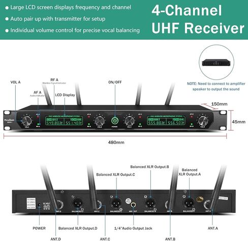 Wireless Microphone System, 4-Channel UHF Professional Mic, Automatically Pair Metal Cordless Mic with 4 Metal Handheld Microphones, 400ft Range, for Singing, Karaoke, Party in Saudi Arabia