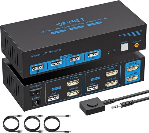 HDMI KVM Switch 2 Monitors 2 Computers 4K@30Hz USB 2.0 KVM Switch Dual Monitor for 2 Computers Share 2 Monitors and 4 USB Devices Support Extended/Copy Mode with 2 USB Cables&Desktop Controller in Kuwait