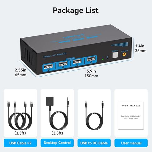 HDMI KVM Switch 2 Monitors 2 Computers 4K@30Hz USB 2.0 KVM Switch Dual Monitor for 2 Computers Share 2 Monitors and 4 USB Devices Support Extended/Copy Mode with 2 USB Cables&Desktop Controller in Kuwait