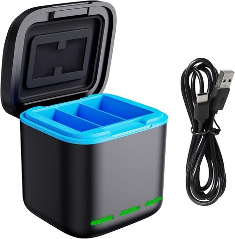 شاحن بطارية لـ GoPro Hero 12 Hero 11 Hero 10 Hero 9 أسود، حافظة شحن USB ثلاثية الفتحات مع حقيبة حمل بطاريات سلك من النوع C متوافقة تمامًا مع Go Pro 12 11 10 9 الأصلي in Kuwait