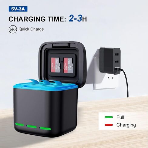 شاحن بطارية لـ GoPro Hero 12 Hero 11 Hero 10 Hero 9 أسود، حافظة شحن USB ثلاثية الفتحات مع حقيبة حمل بطاريات سلك من النوع C متوافقة تمامًا مع Go Pro 12 11 10 9 الأصلي in Kuwait