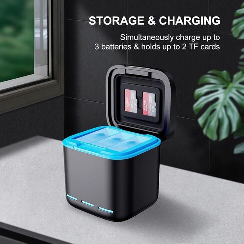 شاحن بطارية لـ GoPro Hero 12 Hero 11 Hero 10 Hero 9 أسود، حافظة شحن USB ثلاثية الفتحات مع حقيبة حمل بطاريات سلك من النوع C متوافقة تمامًا مع Go Pro 12 11 10 9 الأصلي in Kuwait