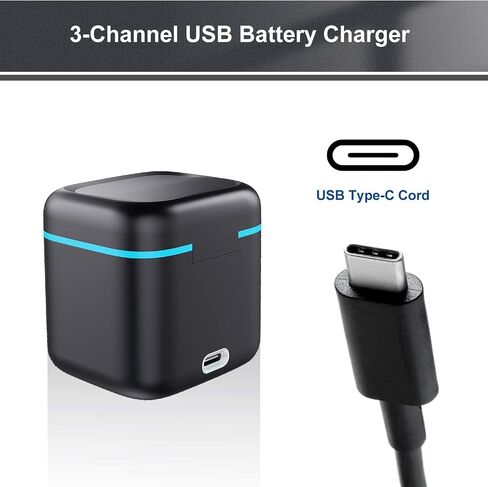 شاحن بطارية لـ GoPro Hero 12 Hero 11 Hero 10 Hero 9 أسود، حافظة شحن USB ثلاثية الفتحات مع حقيبة حمل بطاريات سلك من النوع C متوافقة تمامًا مع Go Pro 12 11 10 9 الأصلي in Kuwait
