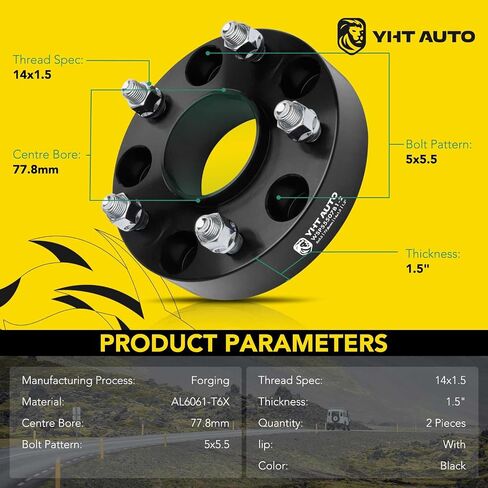 YHTAUTO 5x5.5 Hub Centric Wheel Spacers 1.5 inch Compatible with Ram 1500 2012-2018, Ram 1500 Classic 2019-2023 Tire Spacers w/ M14x1.5 Studs, 77.8mm Hub Bore 5 Lug 2PCS Black Wheel Adapters in Saudi Arabia