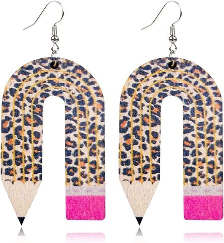Creative Funny Teacher Earrings Wooden U-shaped Leopard Pencil Dangle Drop Earring for Teachers Creative Cute Teachers Appreciation Day Jewelry Gifts for Women Girl in Kuwait