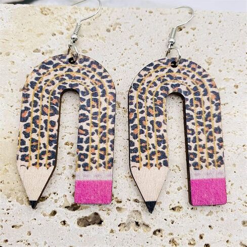 Creative Funny Teacher Earrings Wooden U-shaped Leopard Pencil Dangle Drop Earring for Teachers Creative Cute Teachers Appreciation Day Jewelry Gifts for Women Girl in Kuwait