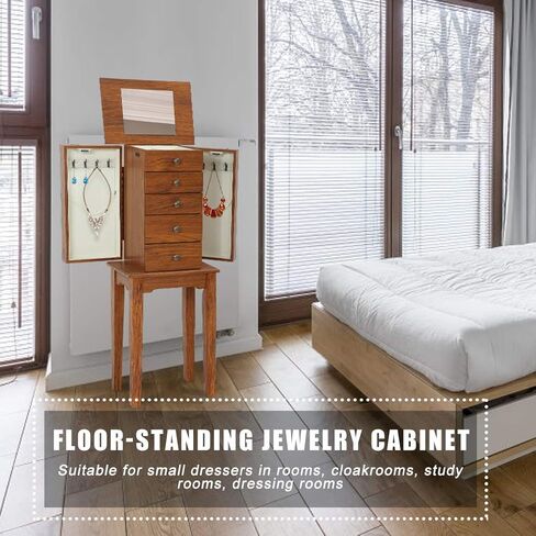 خزانة المجوهرات الدائمة ذات 5 أدراج وبابين جانبيين و8 خطافات للقلادة وخزانة تخزين خشبية مع منظم تخزين علوي ومرآة قلابة (بني) in Kuwait