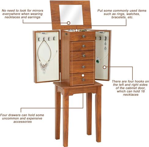 خزانة المجوهرات الدائمة ذات 5 أدراج وبابين جانبيين و8 خطافات للقلادة وخزانة تخزين خشبية مع منظم تخزين علوي ومرآة قلابة (بني) in Kuwait