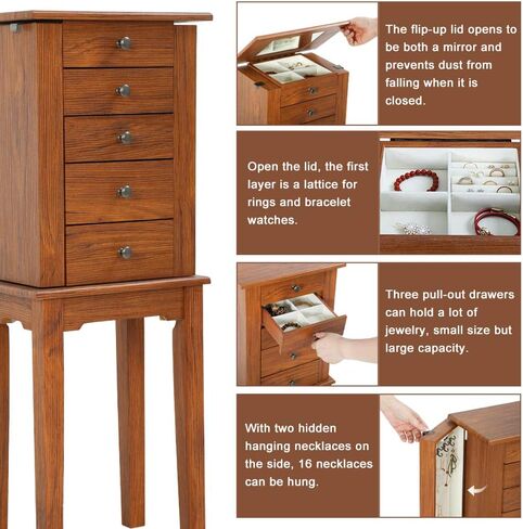 خزانة المجوهرات الدائمة ذات 5 أدراج وبابين جانبيين و8 خطافات للقلادة وخزانة تخزين خشبية مع منظم تخزين علوي ومرآة قلابة (بني) in Kuwait