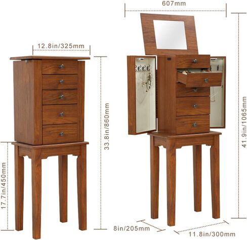خزانة المجوهرات الدائمة ذات 5 أدراج وبابين جانبيين و8 خطافات للقلادة وخزانة تخزين خشبية مع منظم تخزين علوي ومرآة قلابة (بني) in Kuwait