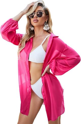 Verdusa Women's Button Front Cover Up Puff Sleeve Blouse Sheer Swimsuit Kimono Shirts in Saudi Arabia