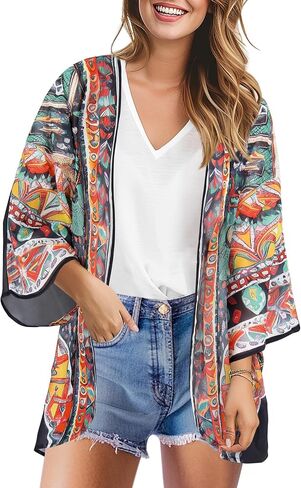 Womens Kimono Cover Ups for Beach Floral Short Sleeve Loose Summer Cardigan in Saudi Arabia