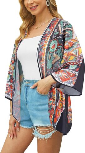 Womens Kimono Cover Ups for Beach Floral Short Sleeve Loose Summer Cardigan in Saudi Arabia