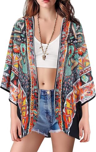 Womens Kimono Cover Ups for Beach Floral Short Sleeve Loose Summer Cardigan in Saudi Arabia