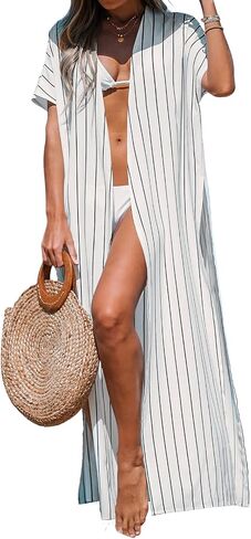 CUPSHE Women Short Sleeve Open Front Beach Kimono Summer Stripe Long Cover-Ups in Saudi Arabia