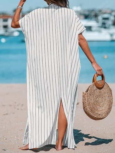 CUPSHE Women Short Sleeve Open Front Beach Kimono Summer Stripe Long Cover-Ups in Saudi Arabia