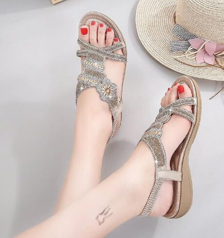 rhinestone sandals for women flat,Sparkling Boho Ladies' Flat Sandals for Summer. in Saudi Arabia