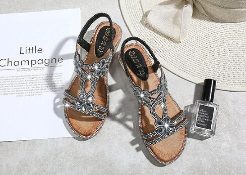 rhinestone sandals for women flat,Sparkling Boho Ladies' Flat Sandals for Summer. in Saudi Arabia
