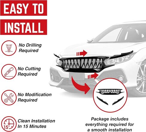 شبكة رياضية أمريكية معدلة مع شبكة فولاذية متوافقة مع سيارات هوندا سيفيك سيدان 2016 إلى 2021، هاتشباك، موديلات FK8، أسود لامع in Kuwait