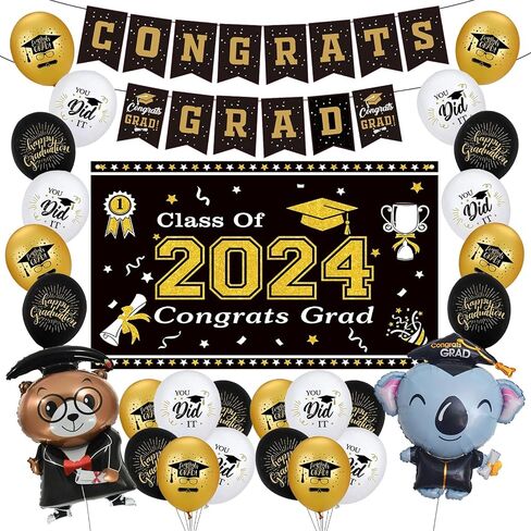Graduation Decorations Class of 2024 Black and Gold Themed - 2024 Graduation Foil Balloons Congrats Grad Banner Graduation Backdrop Kindergarten Graduation Congrats Grad Party Decorations Supplies in Saudi Arabia